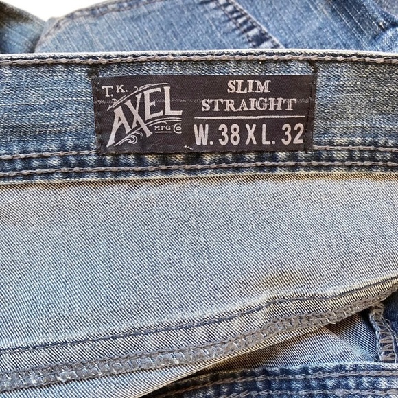 TK Axel Mens Jeans Sz 38x32 Slim Straight Med Wash Blue Distressed Denim - Picture 8 of 16